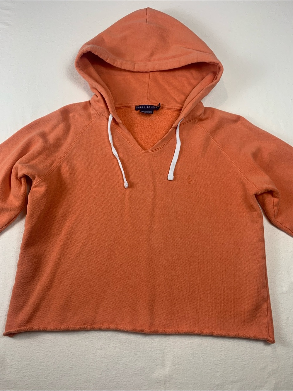 Ralph Lauren POLO Womens Large Cropped‎ Orange Hoodie Sweatshirt GUC Rolled Hem